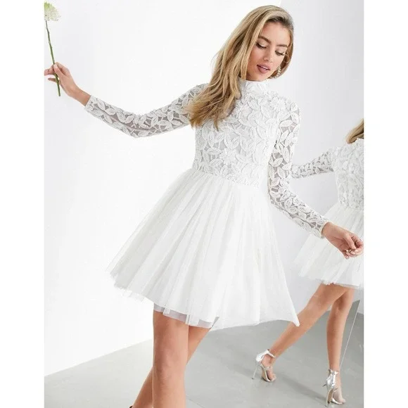 ASOS BRIDAL Arabella embellished bodice mini wedding dress mesh skirt sz 8 Luxy - Picture 1 of 13